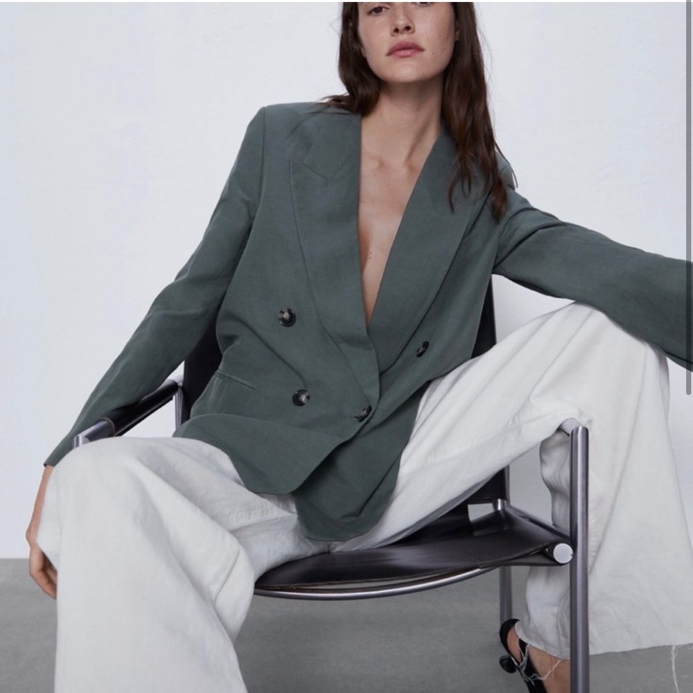 ZARA | LINEN COTTON DOUBLE-BREASTED BUTTONED BLAZER GREEN S